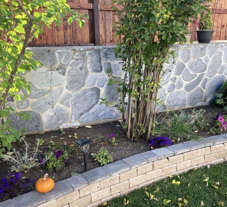 Painted rock wall with lilacs